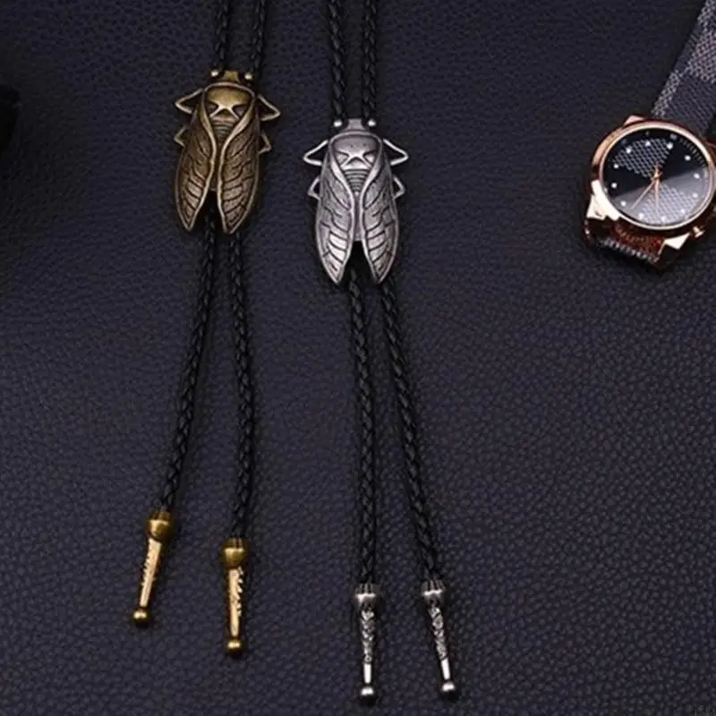 

L5YA Western Cowboy Bolo Necktie with Carved Cicada Buckle Decor Vintage Tie for Men