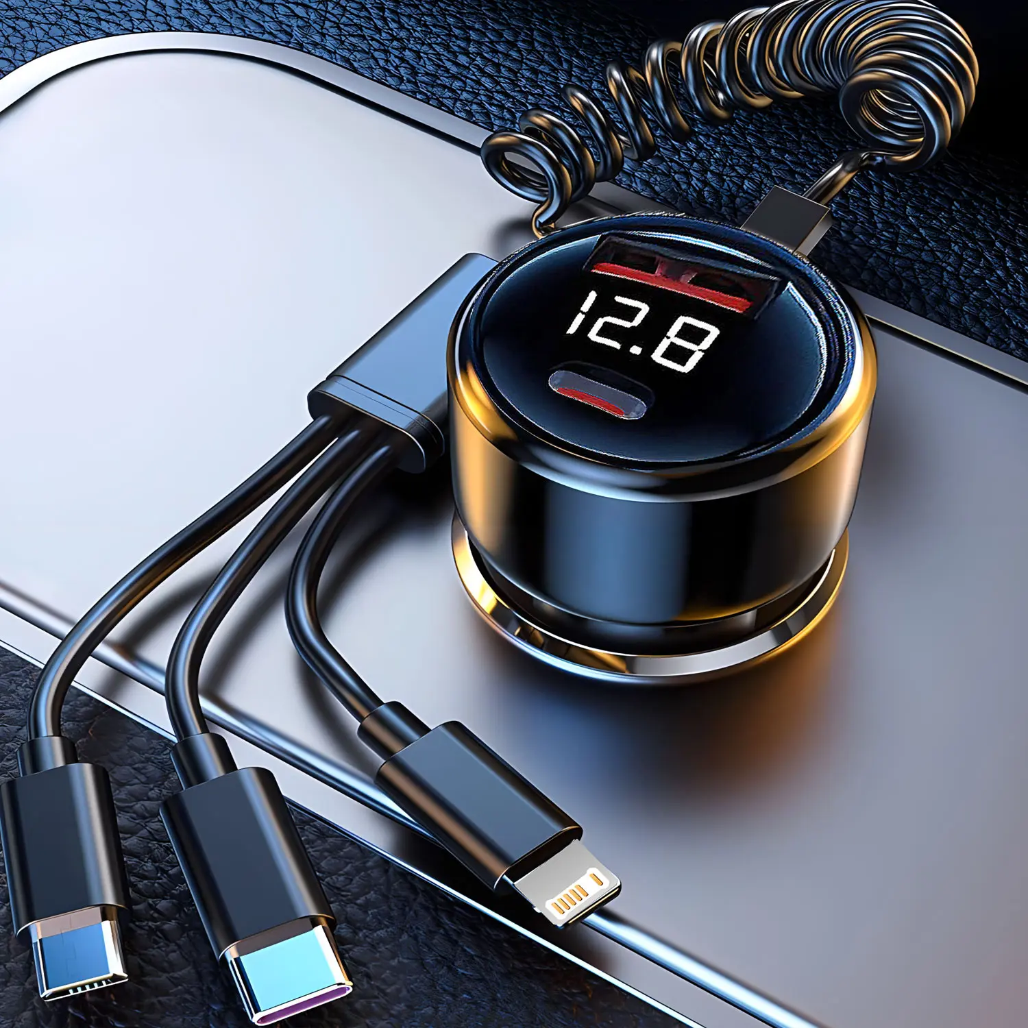 USB-адаптер автомобильного зарядного устройства для телефона с выдвижным кабелем, светодиодный монитор напряжения 4 в 1, сверхбыстрая зарядка для iPhone, Samsung, Huawei