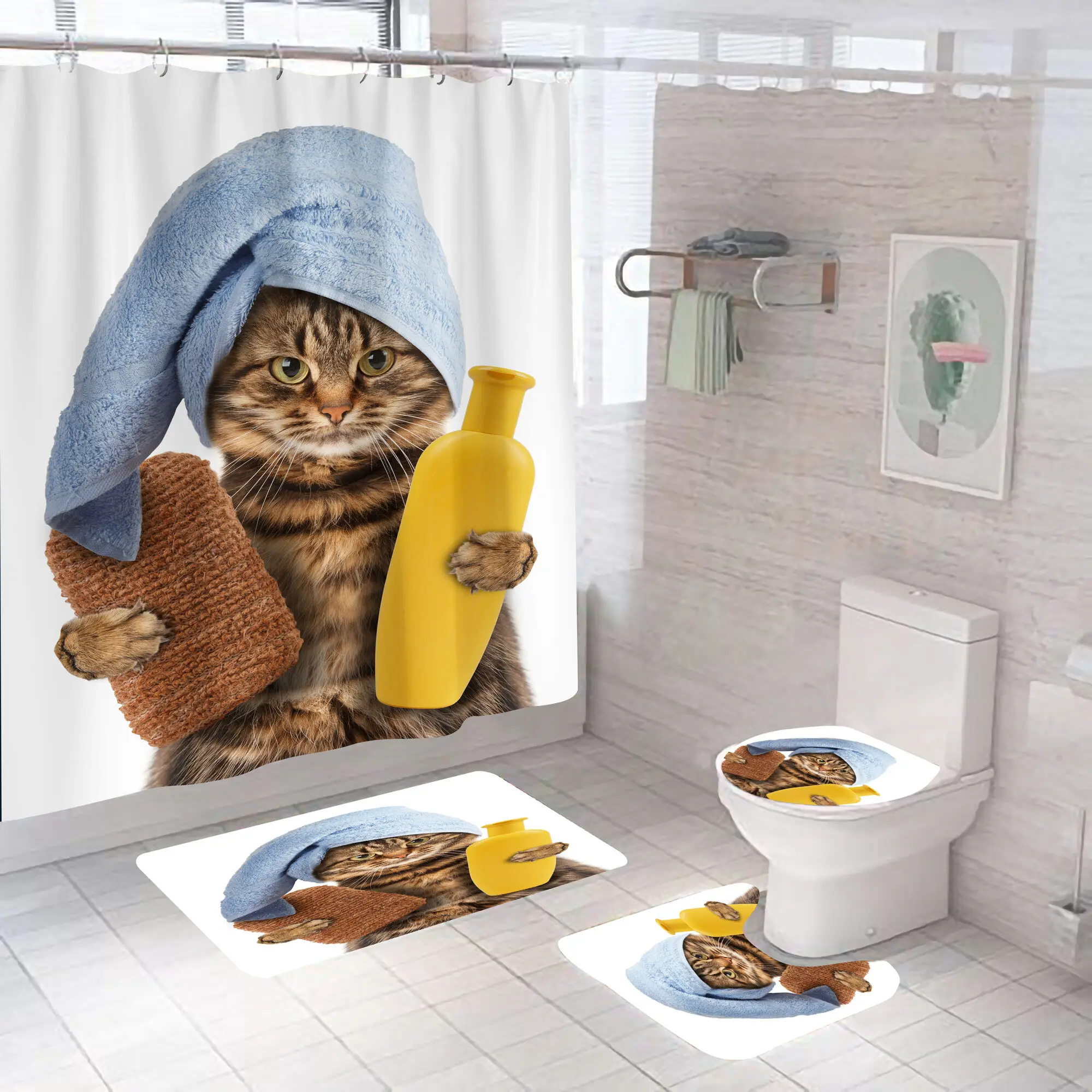 Cartoon Katze Duschvorhang Set Tier Schwarz Wasserdicht Bad Wc Deckel Sitzbezug Bad Rutschfeste Matte Teppich Badezimmer Decot Abdeckung – Detail 5