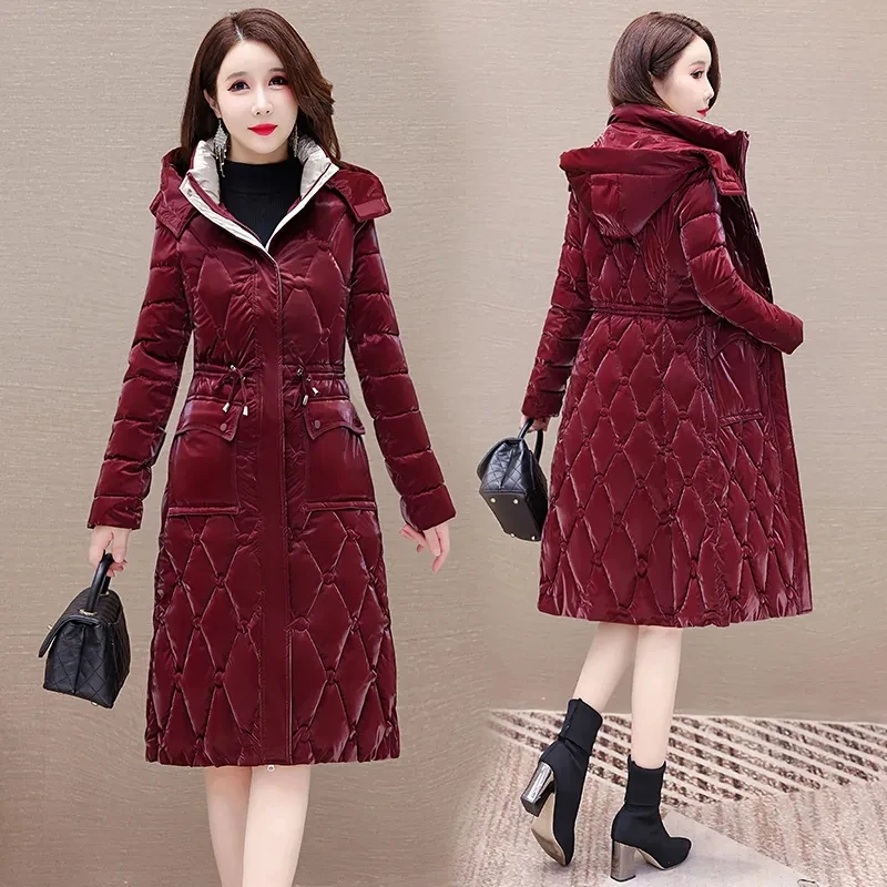 2024 Winter New Glossy Down Cotton Jacket Women\'s New Slim Thicken Hooded Coat Fashion Female Long Warm Padded Parkas Overcoat