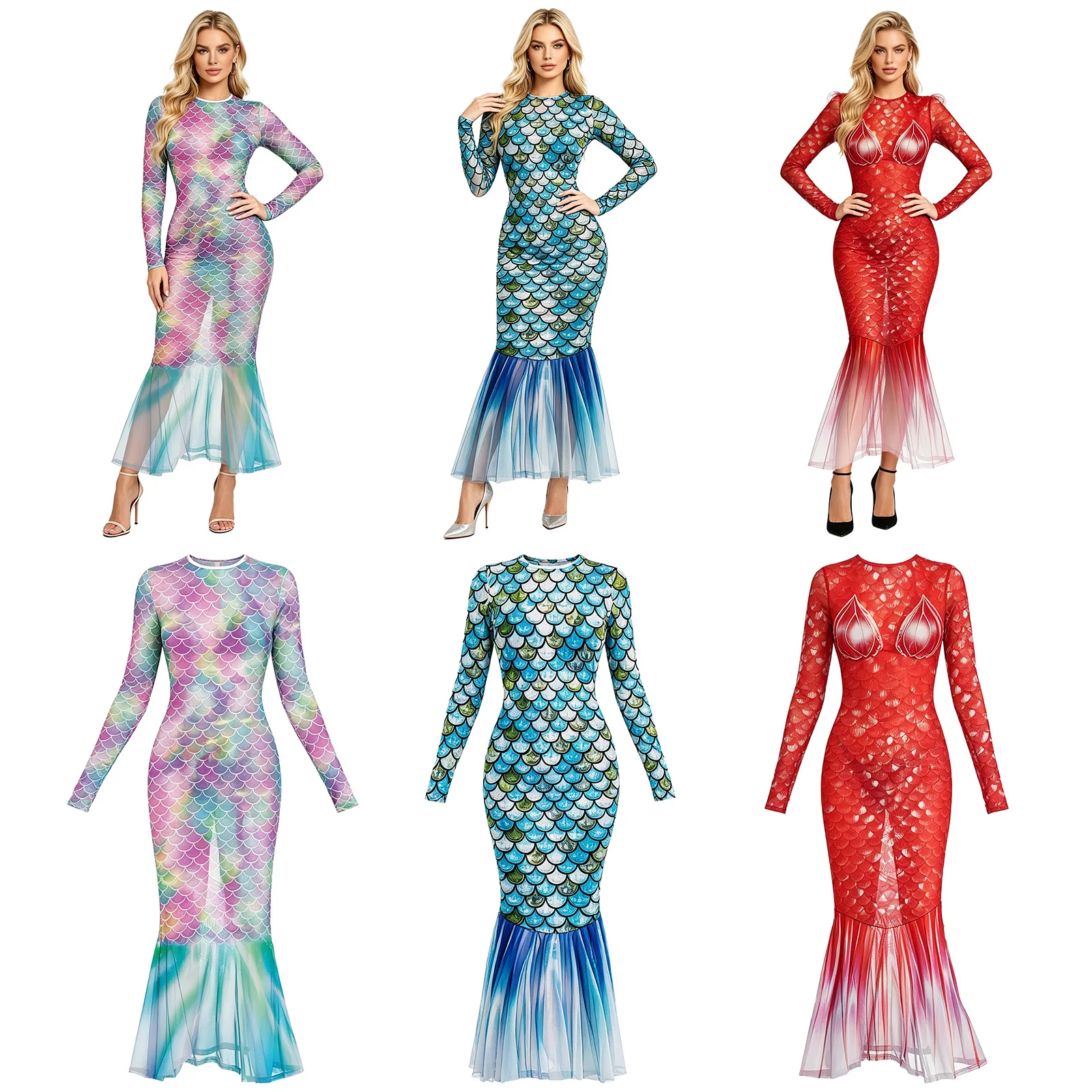 Women Sheer Fish Scale Print Mermaid Beach Dress Ruffled Hem Bodycon Flowy Lightweight Cover Up for Pool Vacation
