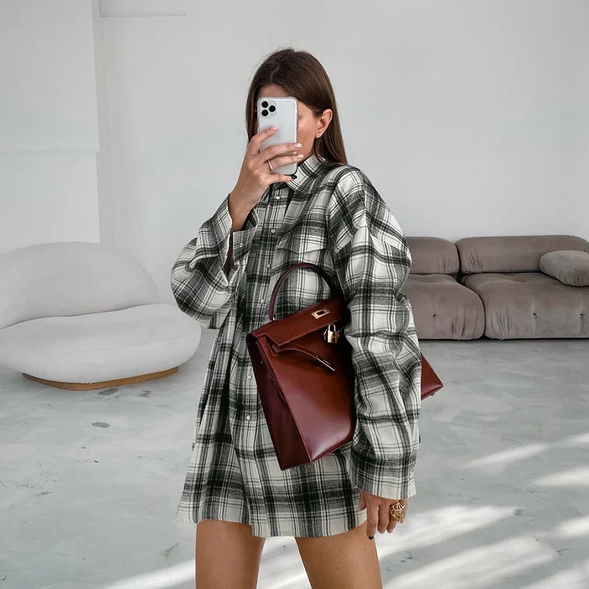 

Women's Retro Long-sleeved Shirt Plaid Shirt Autumn And Winter Fashion Loose Lapel Pocket Fit Single-breasted Casual Streetwear