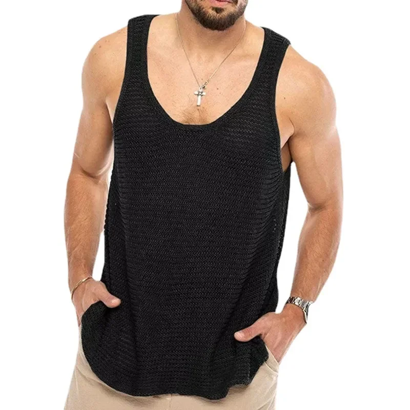 2024 Summer New Men's Solid Color Loose Sleeveless Sweater Wool Woven V-neck Breathable Outdoor Sports Fitness Men's Vest M-3XL