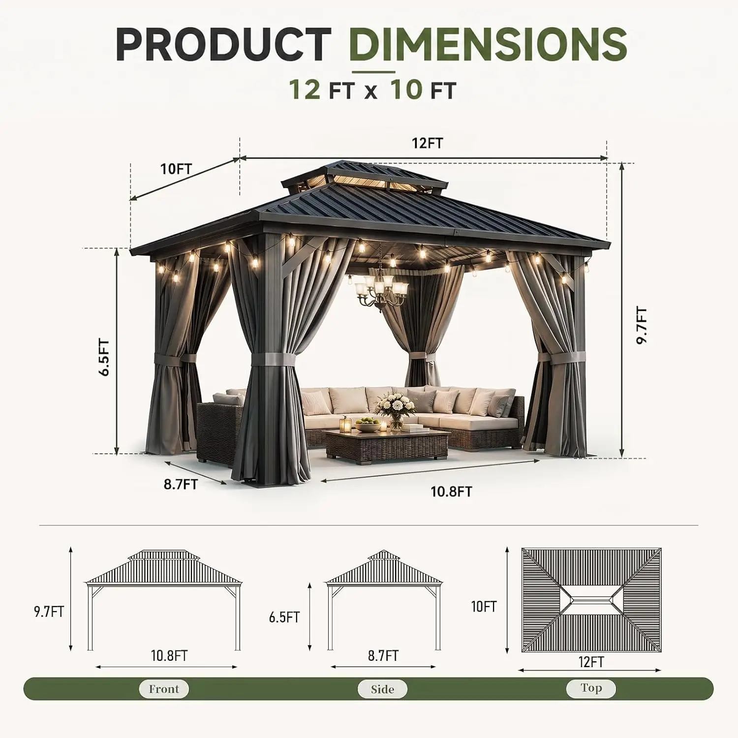 12'x10' Hardtop Gazebo with Hanging Lights, Gray | Outdoor Gazebo with Galvanized Steel Double Roof, Patio Gazebo, Customized