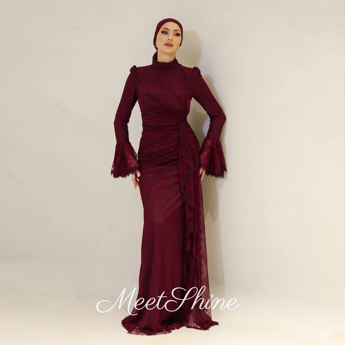 

Винтажные бордовые платья для выпускного вечера с высоким воротом и длинными рукавами Дубайские плиссированные кружевные платья русалки для выпускного вечера Вечерние платья по индивидуальному заказу