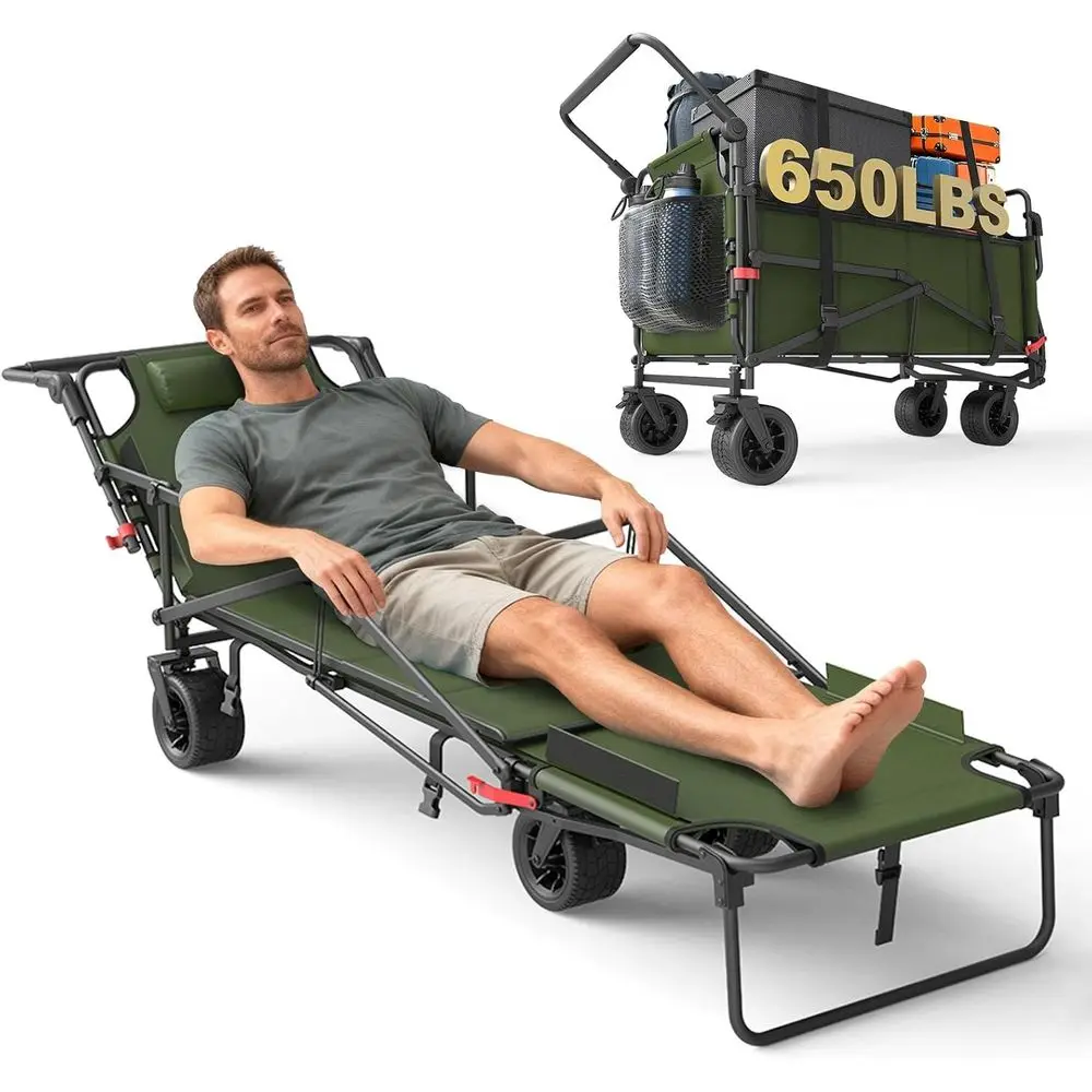 

Folding Wagon - 2-in-1 Collapsible Cart, 650lb Capacity, All-Terrain Wheels w/Brakes & Side Pockets (Army Green)