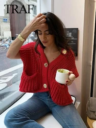 TRAFZA 2024 Woman's Fashion Red Knit Vest Sleeveless With Pocket Waistcoat Single Breasted Female Vintage Knitted Streetwear