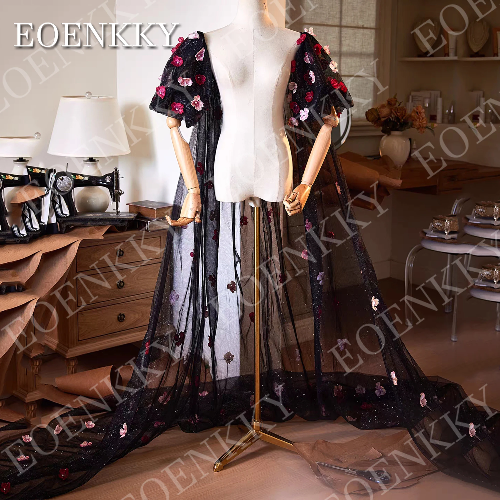 EOENKKY Black Glitter Tulle Wedding Cape with 3D Floral Romantic Puff Sleeve Sparkly Bridal Shawl for Evening Party Customized