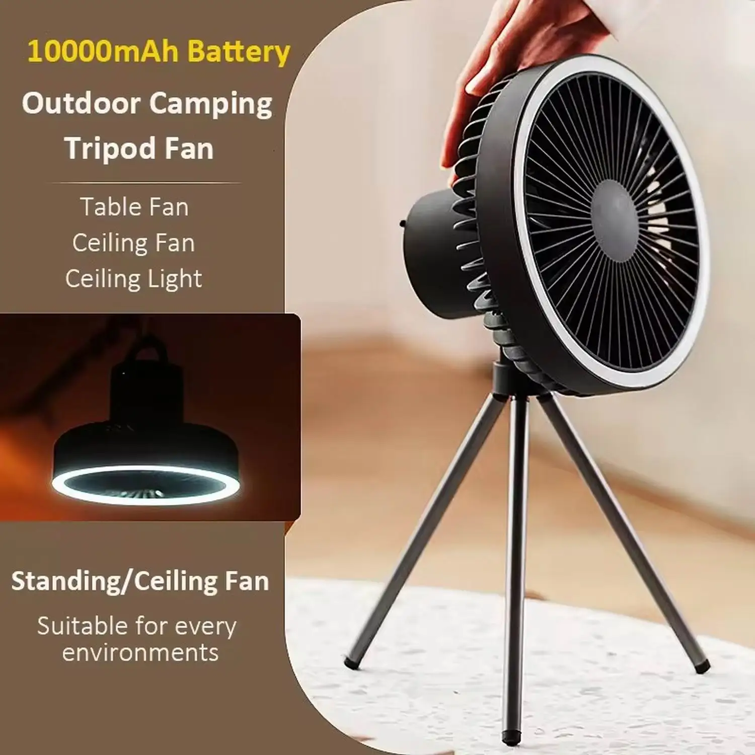 Camping Outdoor 10000mAh Rechargeable Multifunctional Fan Portable Lighting Ceiling Fan USB Tripod Electric Fan