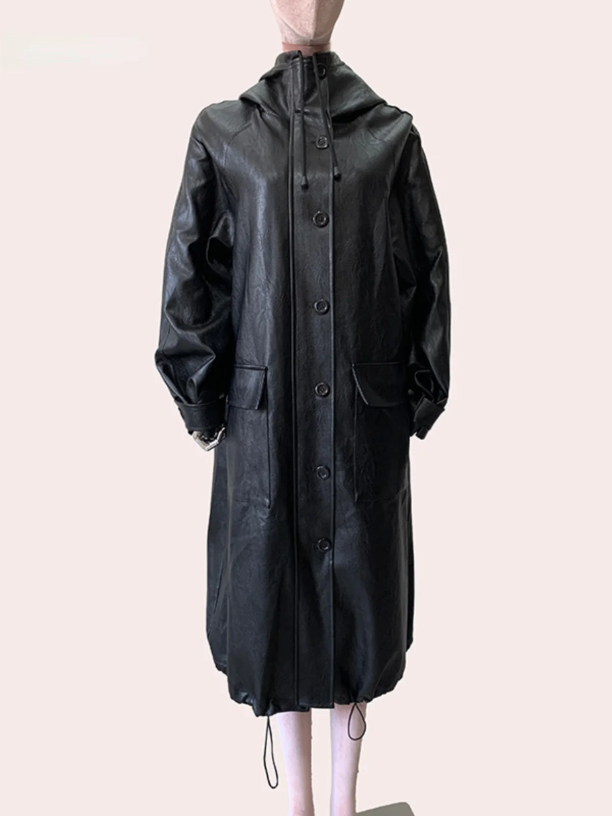 Nerazzurri Women's Long Hooded PU Leather Jacket Black Zipper Loose European Style Windbreaker High-End Commute Fashion