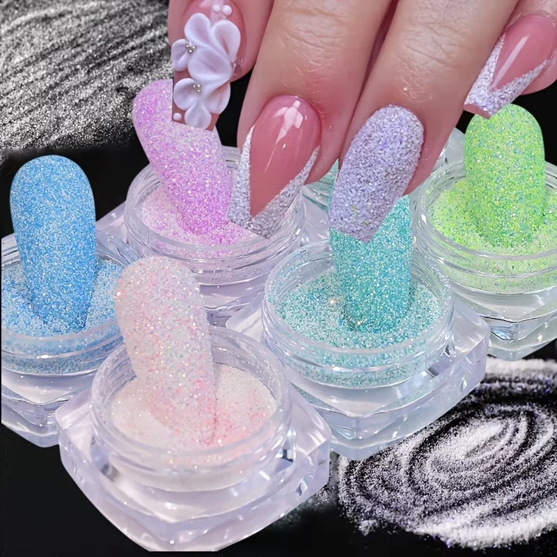 6 Boxes Holographic Sugar Glitter Nail Art Sequins Kits 3D Metallic Shining Flakes Acrylic Powder Dust for Women Nails Design