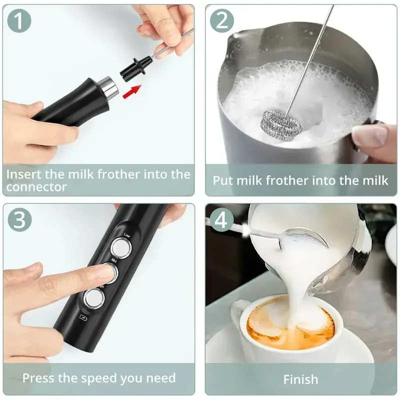 Wireless Rechargeable Electric Milk Frother - 3 Speeds, Handheld Foam Maker for Latte, Cappuccino, Hot Chocolate - USB Rechargea