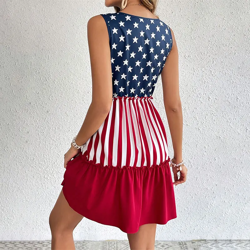 American Flag Star Short Dress High Waist Ruffle Casual Sleeveless Women Mini Summer Girl Beach Female Vest Dress Gyaru Clothes