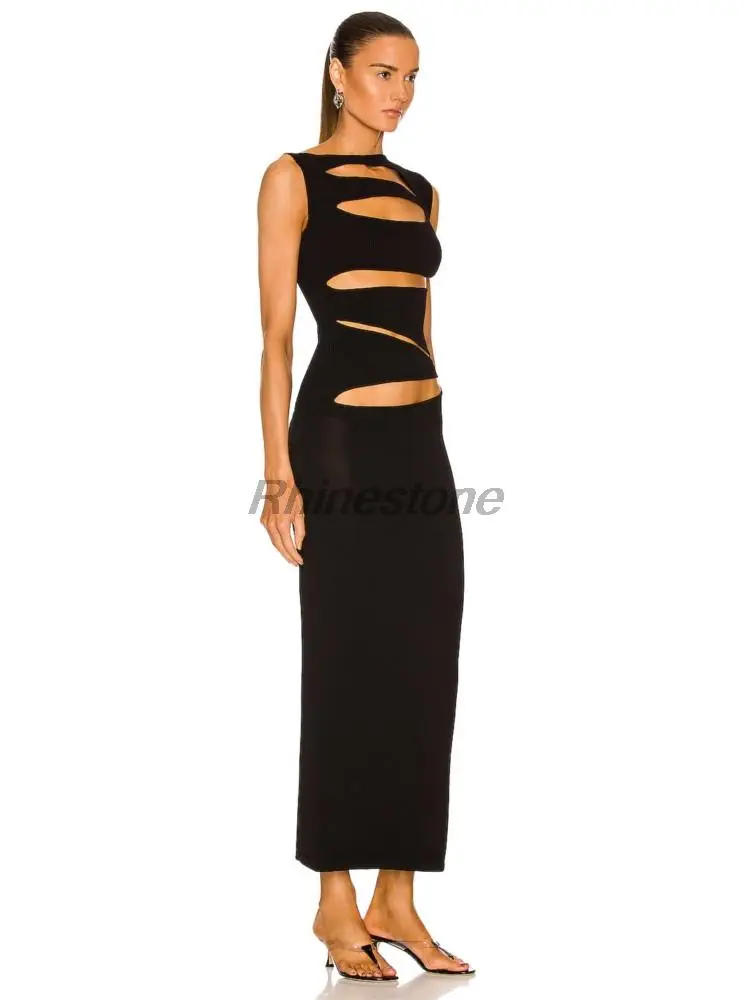 Vestido de vendaje negro sin mangas ahuecado Sexy, vestido de fiesta de moda y caliente, estilo de isla, Verano