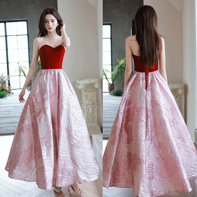 

It's Yiiya Burgundy Elegant Sleeveless Pleat Floor-Length A-Line Lace Up Strapless Simple Formal Dress Dress Woman Party A2832