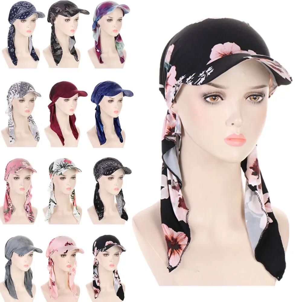 Moda Mulheres muçulmanas Impresso Brim Cap Viseira de sol com Turbante Pré-amarrado Caps Cabeça Cachecol Bandana Headscarf Praia Outdoor Hat Mujer