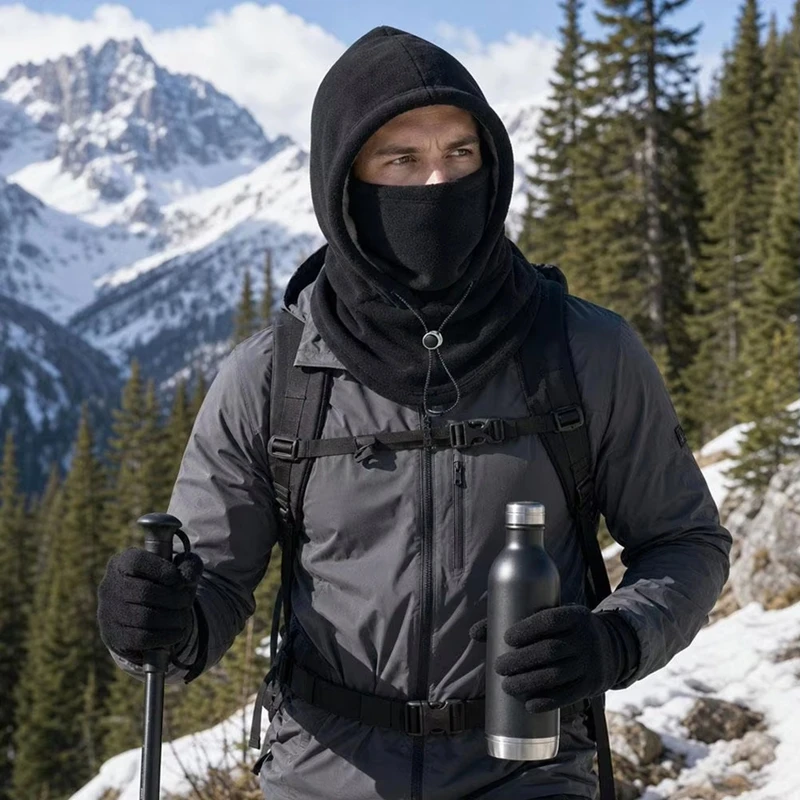 Fleece Balaclava Hat Double Layer Winter Hood Windproof Warm Full Face Cover Mask Flannel Lined Outdoor Ski Headgear