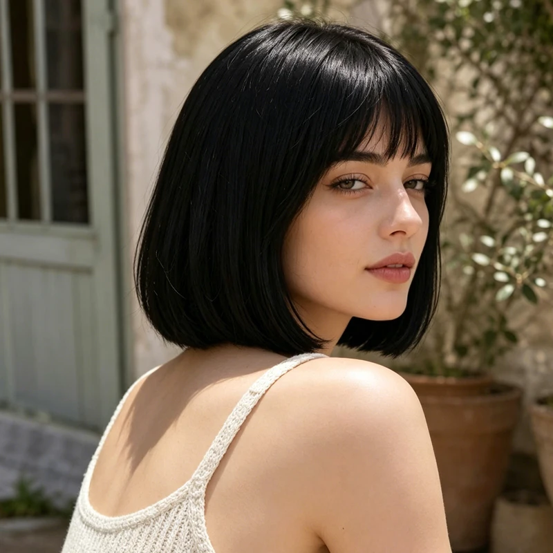 Black synthetic wig for women, 12 inches, with bangs, smooth and shiny, suitable for commuting and everyday wear.