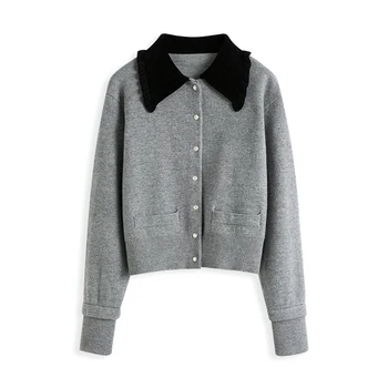 여성용 명품 디자이너 브랜드 대비 칼라 니트 가디건, 폴로 라펠 스웨터, 긴팔 코트, 용수철 가을 겨울 의류 탑 