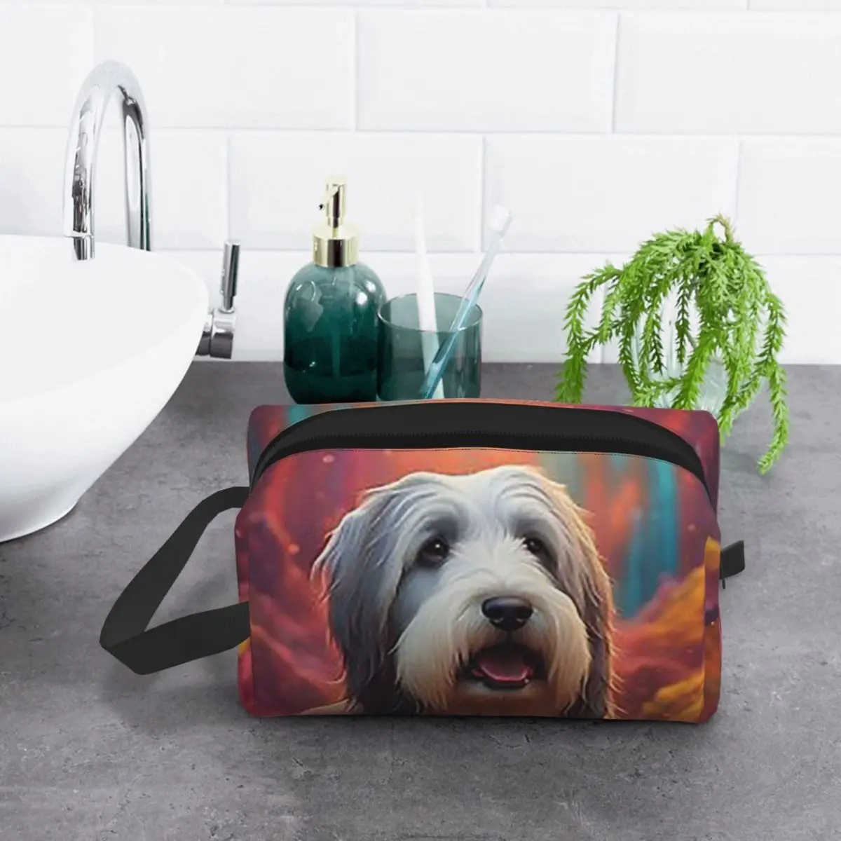 

Bearded Collie Dog In Colorful Nature Makeup Bag Cosmetic Organizer Storage Dopp Kit Toiletry Cosmetic Bag Pencil Case