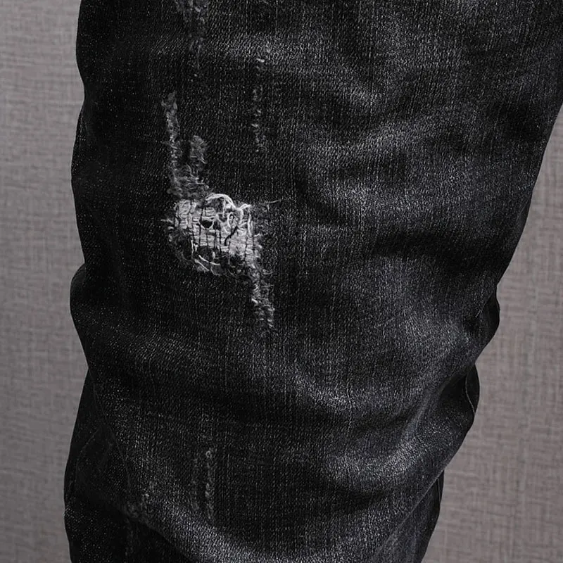 Fashion Vintage Men Jeans Retro Washed Black Gray Elastic Slim Fit Ripped Jeans Men Korean Style Designer Denim Pants Hombre