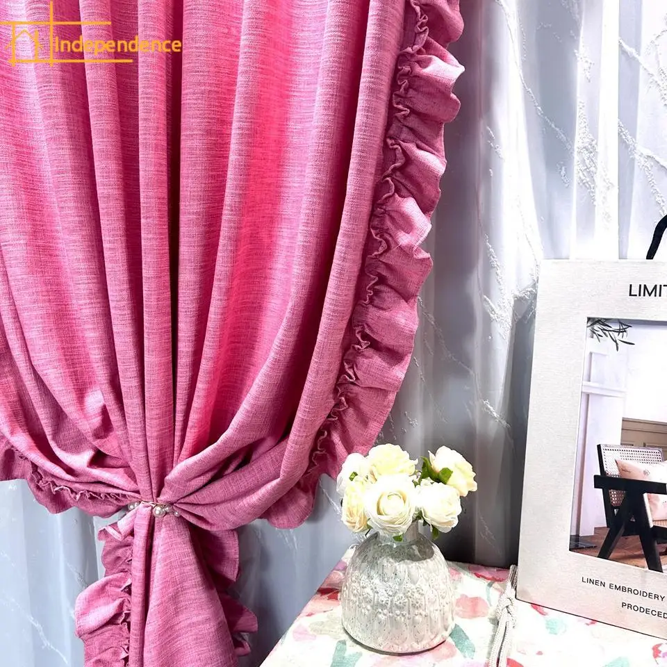 Customized of Cherry Blossom Rose Pink Cotton and Linen Jacquard Floral-edged Curtains for Living Room and Bedroom French Window