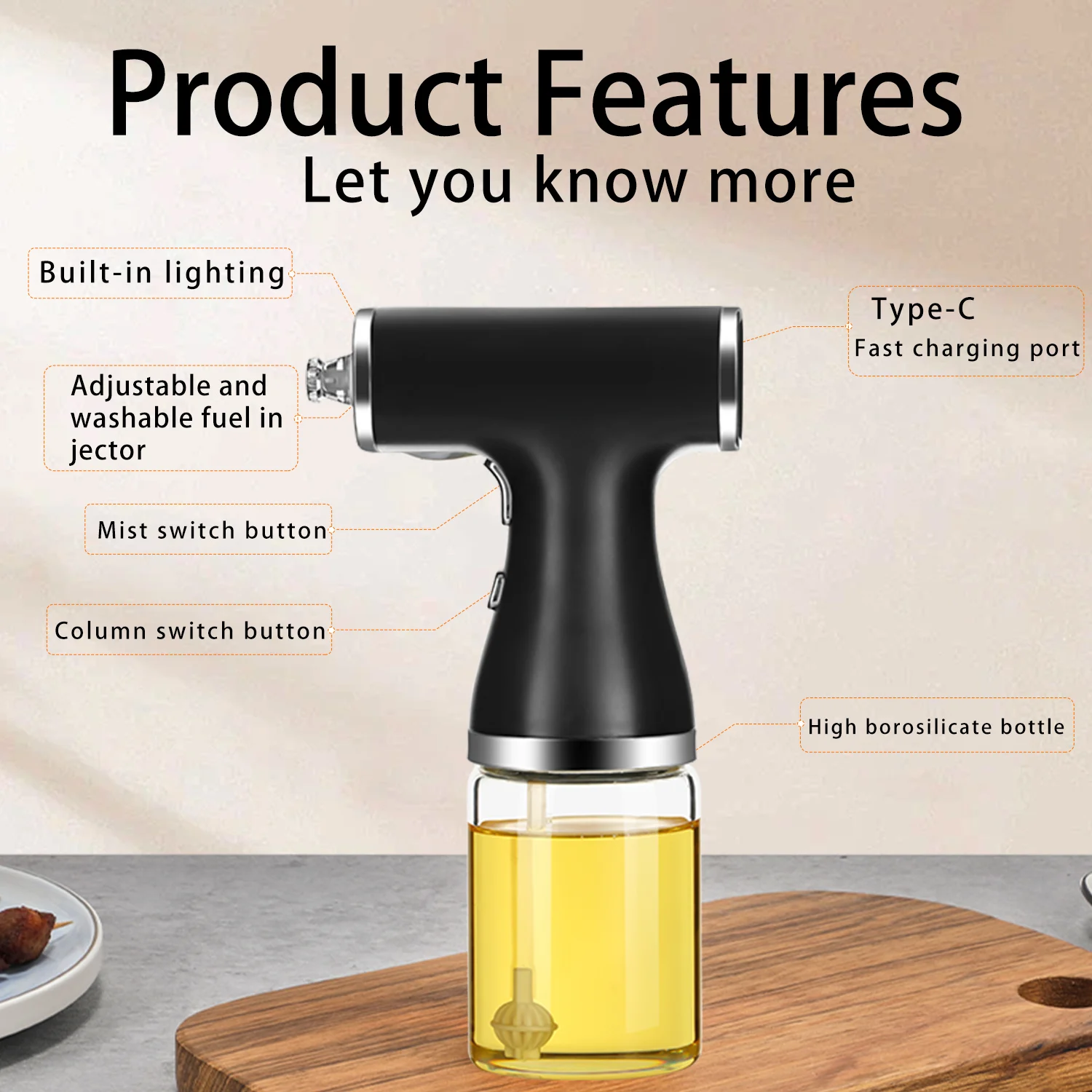 

Cordless Electric Oil Spray Bottle for Cooking, Adjustable Mist & High Borosilicate Glass, USB Type-C Fast Charging, Washable