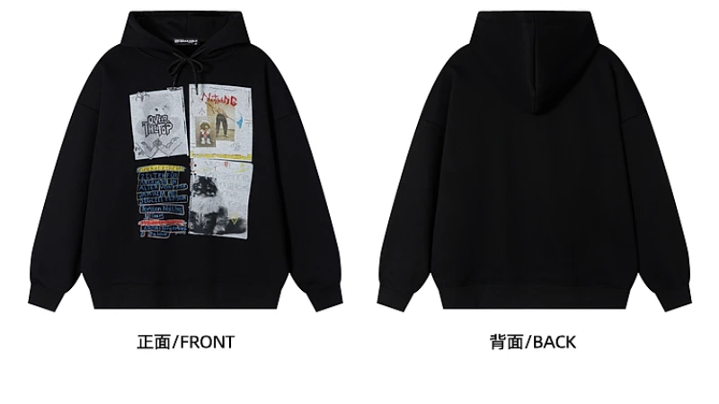 American Retro Printed Fleece Hooded Sweater Men's Autumn and Winter Couple Hoodie