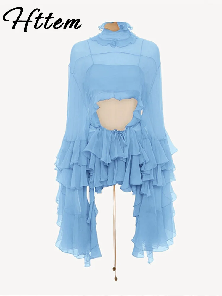 عادية كشكش الياقة المدورة قميص تنورة المرأة مجموعة الصلبة كم كامل الجوف خارج أعلى انظر من خلال مطوي التنانير الطويلة 2025 سيدة البدلة