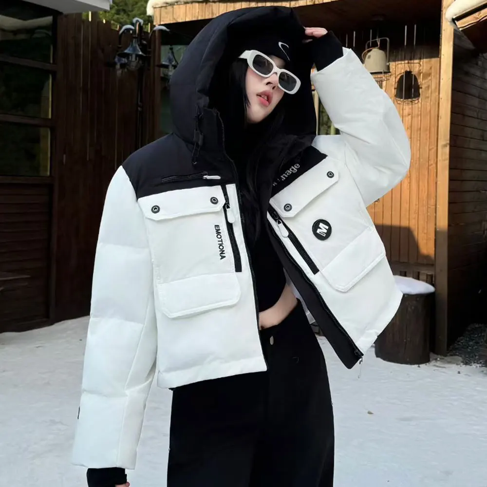 Inverno pato branco para baixo casaco puffer parkas roupas de trabalho feminino quente engrossado curto outwears feminino retalhos com capuz jaqueta