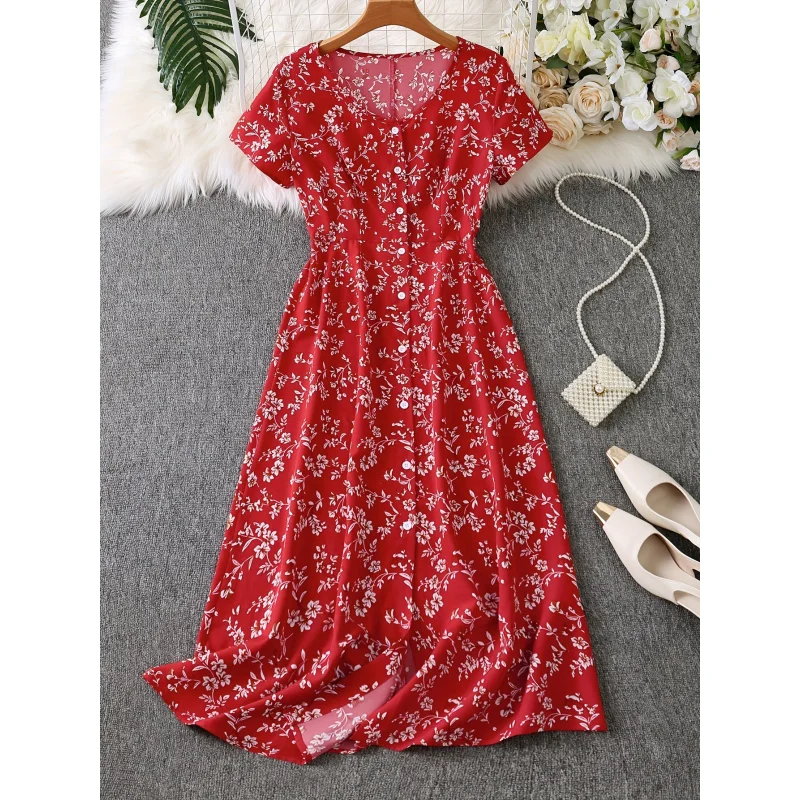 

Floral-print woven elegant button-down women's dress