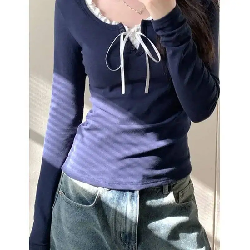 لوسيفر Y K بلوزات نسائية كلاسيكية قصيرة أنيقة مكشكشة من الدانتيل بلوزات مرقعة للخريف والشتاء بأكمام طويلة تي شيرت نسائي