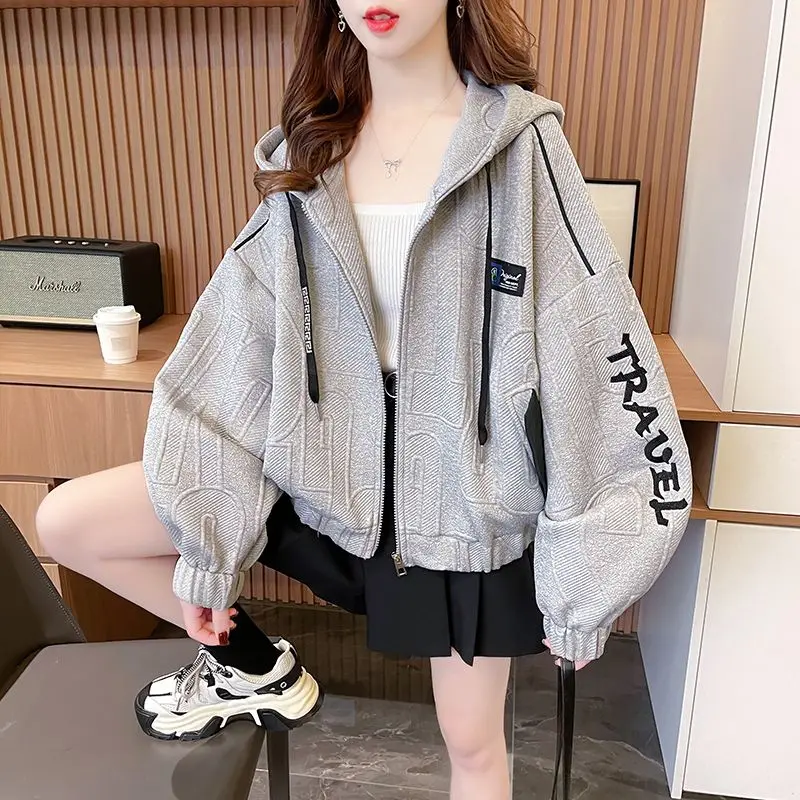 Female Top Grey with Zipper Spring and Autumn Hoodies Loose Embroidered Cropped Baggy Women\'s Hooded Full Zip Up Sweatshirts Xxl