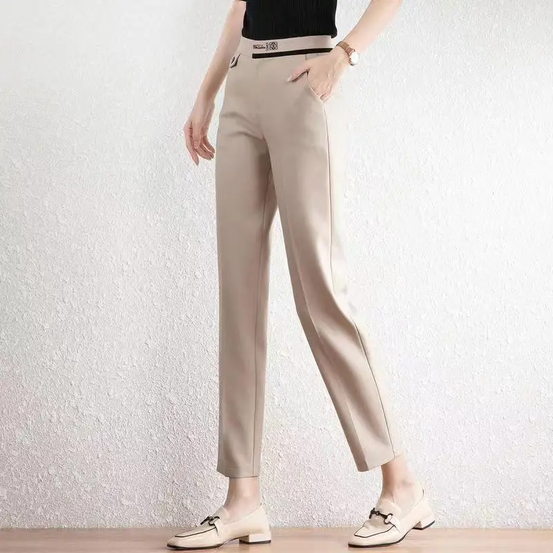 Fashion Office Lady Solid Color High Waist Straight Trousers Spring Commute Casual All-match Cropped Pants Women\'s Clothing