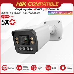 8MP Bullet Camera 5X Zoom POE Smart Dual Light Full ColorVu IR 5MP Built-in Mic Speaker Video Surveillance Hikvision Compatible