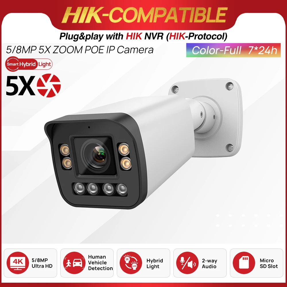 Hikvision Compatible 8MP Bullet Camera 5X Zoom POE Smart Dual Light Full ColorVu IR 5MP Built-in Mic Speaker Video Surveillance