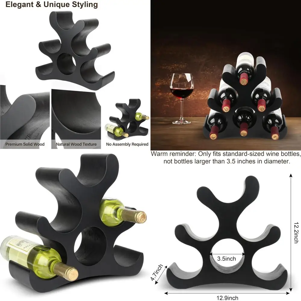 

6-Bottle Wooden Freestanding Wine Rack - Black, Cabinet & Pantry Storage for Kitchen Bar