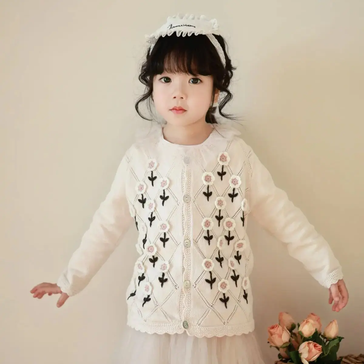 2026 New Spring Girls 3D Floral Embroidered Knit Cardigan, Korean Ins Style Cute Warm Knitted Outerwear