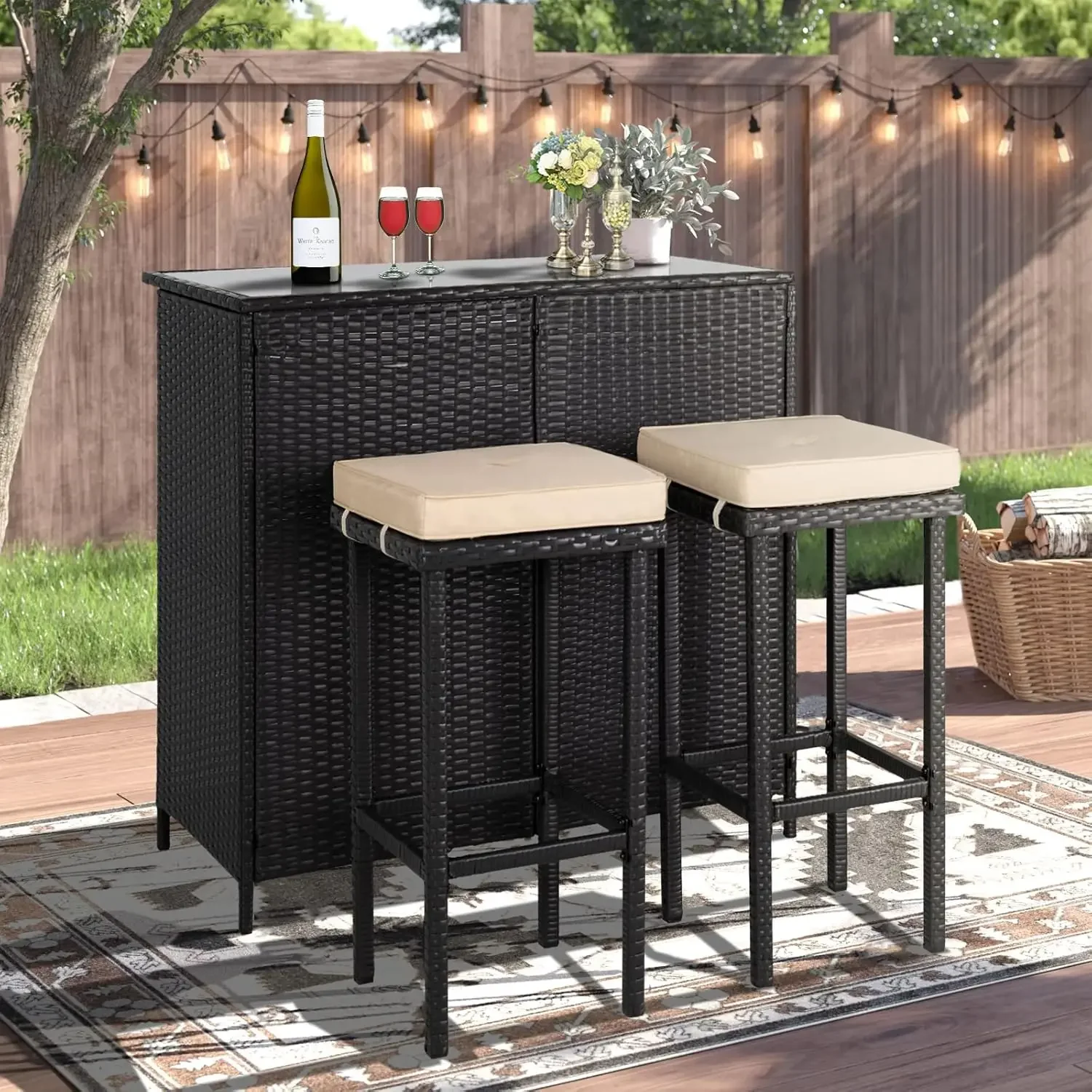 

3-Piece Wicker Patio Outdoor Bar Set, 2 Stools and 1 Glass Top Table, Bistro Set, Brown Furniture for Deck, Lawn, Backyard