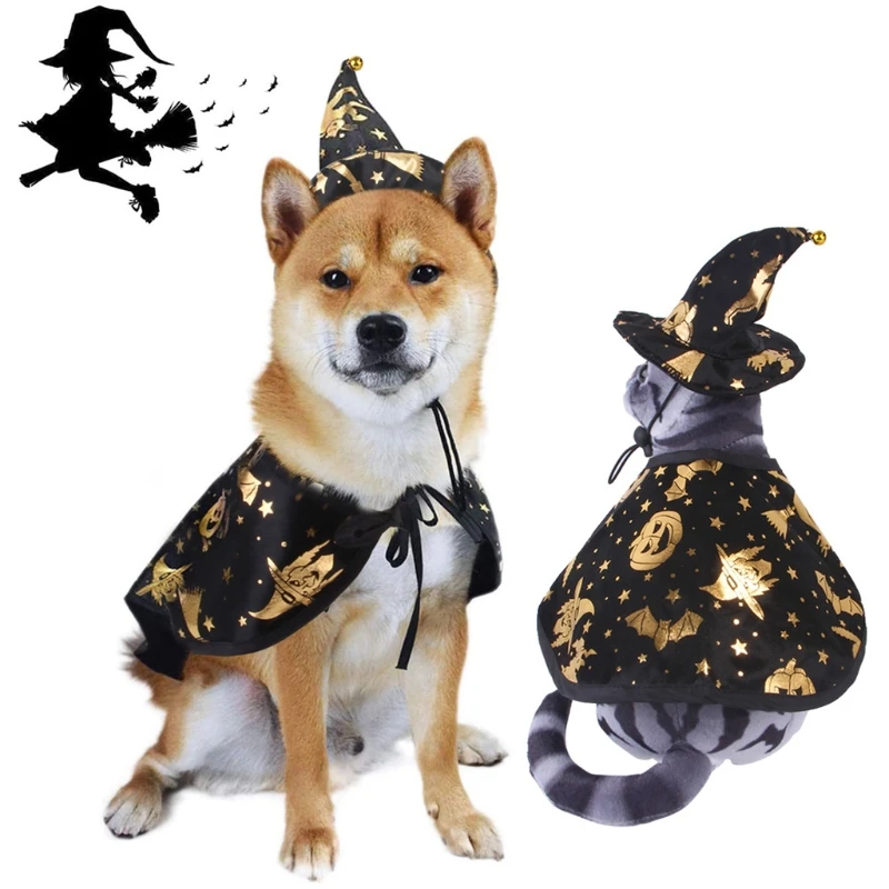 2024 New Pet Halloween Costume Cape And Wizard Hat Funny Holiday Clothes Party Gift Cute