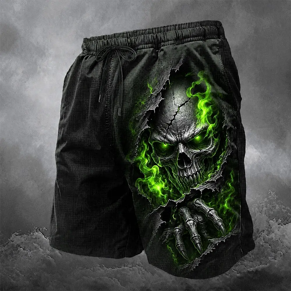 Men's Spring Summer 3D Printed Drawstring Shorts, Black Ripped Green Flame Skull Claw Horror Street Bottoms