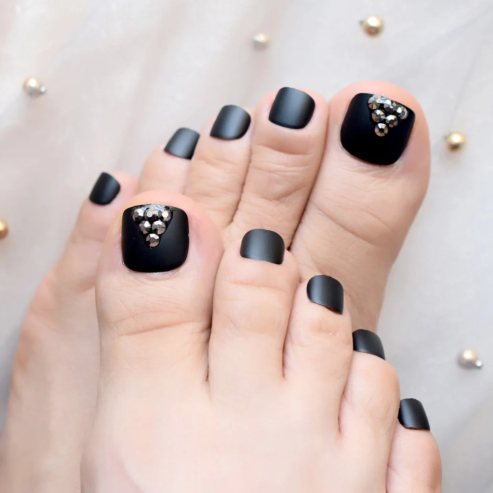 Matte Black French Fake False Toenails Frosted Press on Sticker 3D Punk Rhinstones Handmade Toe Nails Tips Foot Wear Nail Tip