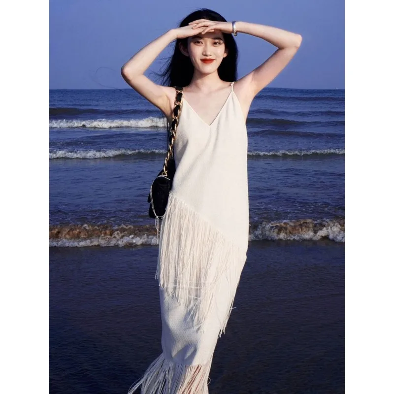 White Fringe Dress Female Summer Design Sense Niche French Temperament Slip Dress Sexy Lingerie Night Wear streetwear