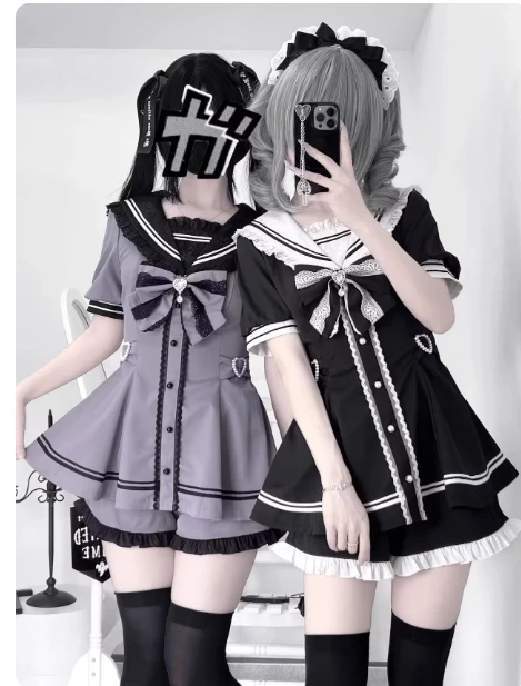 Japanese Mine Series Sweet Short Sleeve Sailor Collar Lace Dress and Shorts 2 Piece Shorts Set Female Girls Summer Lolita Outfit
