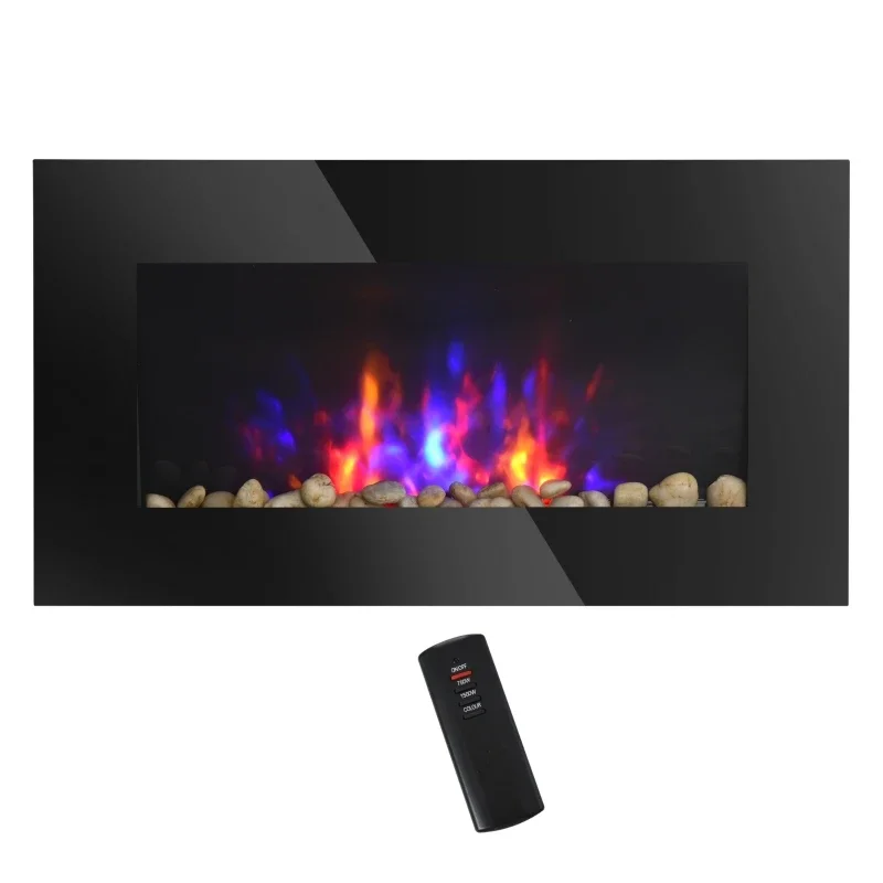 

28.5" 1500W Electric Wall-Mounted Fireplace with Flame Effect, 7 Color Background Light and Side Light, Black