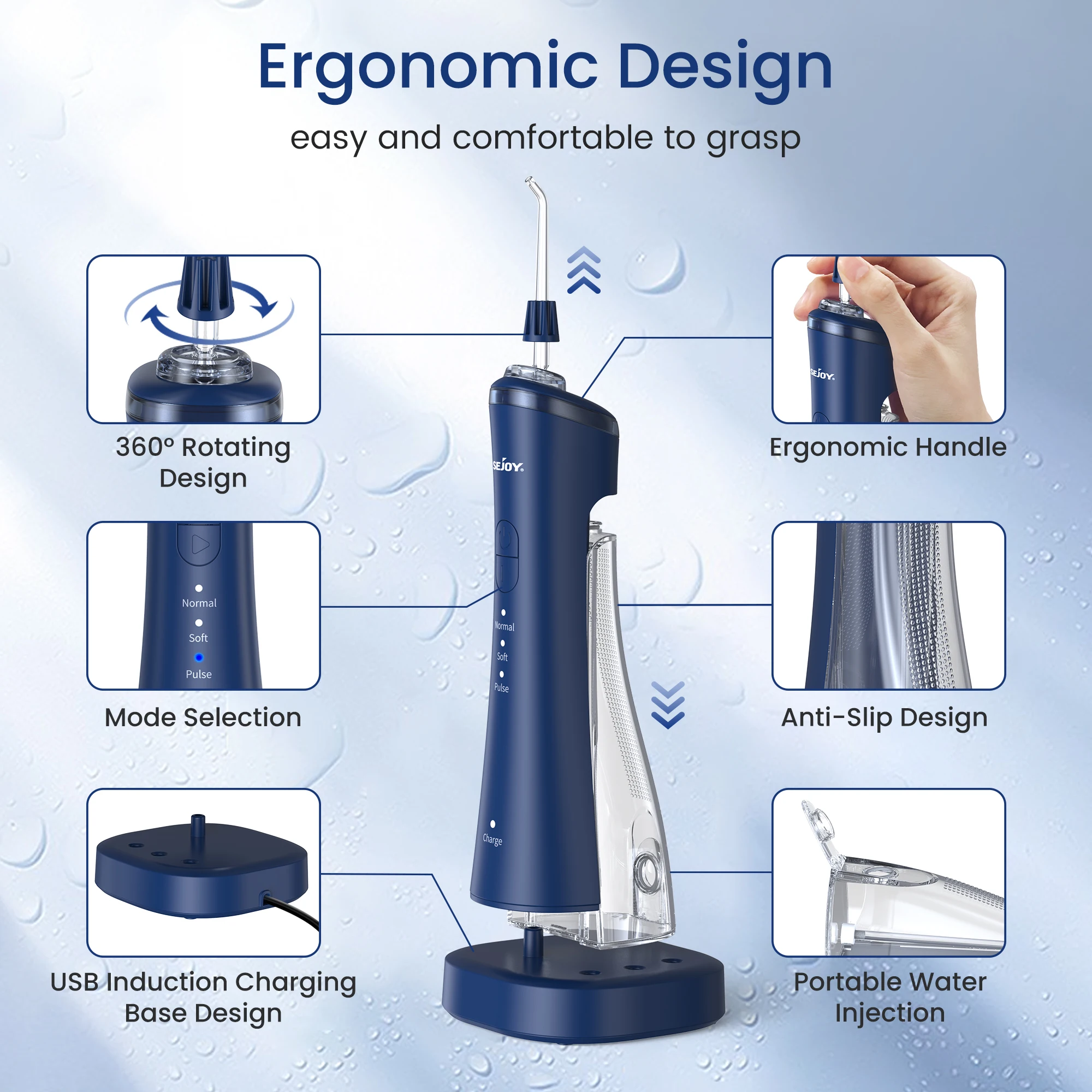 SEJOY جهاز ري الفم TB5011C جهاز تنظيف الأسنان بالماء المحمول مع قاعدة شحن لاسلكية المياه النفاثة الخيط خلة أسنان 5 طرف نفاث