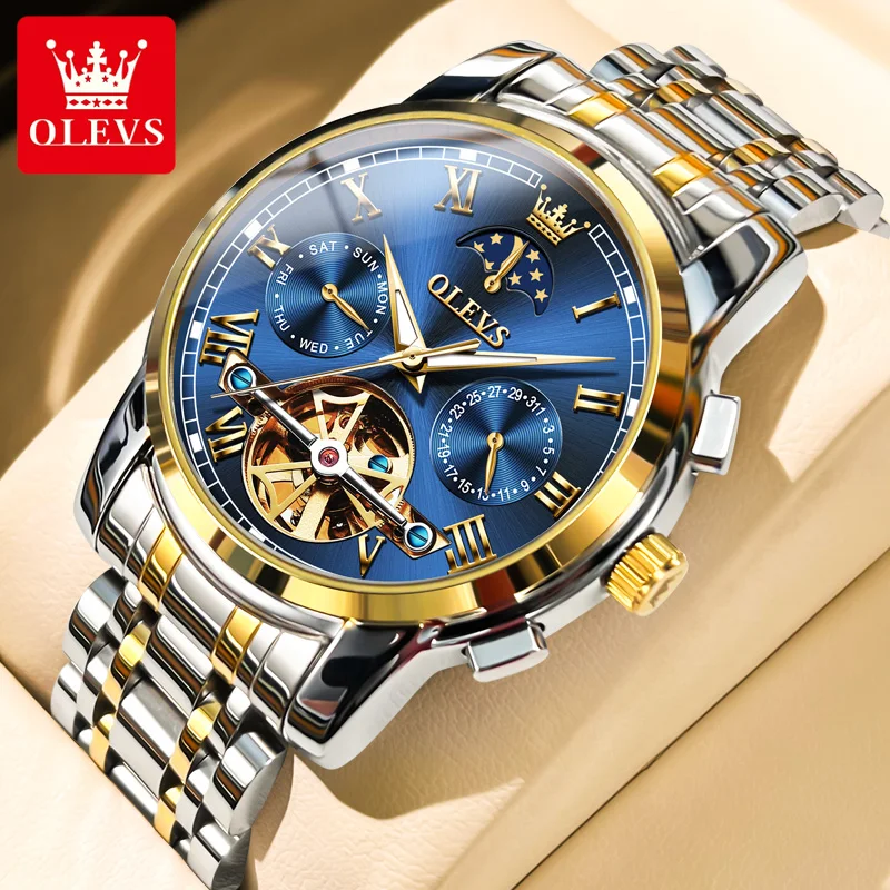 Reloj OLEVS para hombre, Reloj mecánico automático Stianless, marca superior, Reloj de pulsera de lujo con fase lunar y esqueleto, Reloj para hombres