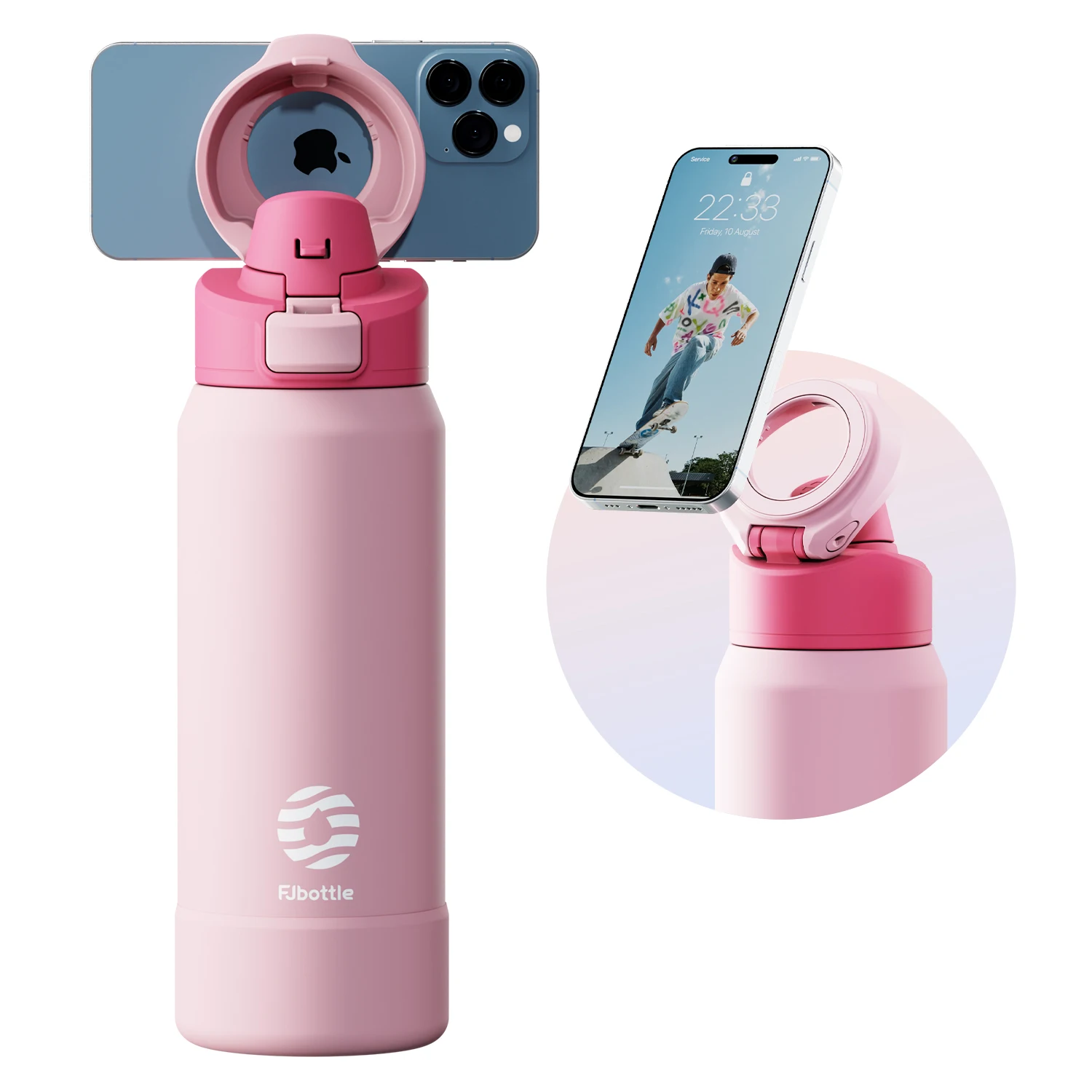Fjbottle Magnetische Thermosfles van RVS Sportwaterfles met Magnetische Telefoonhouder en Isolatiebeker met Afneembaar Deksel