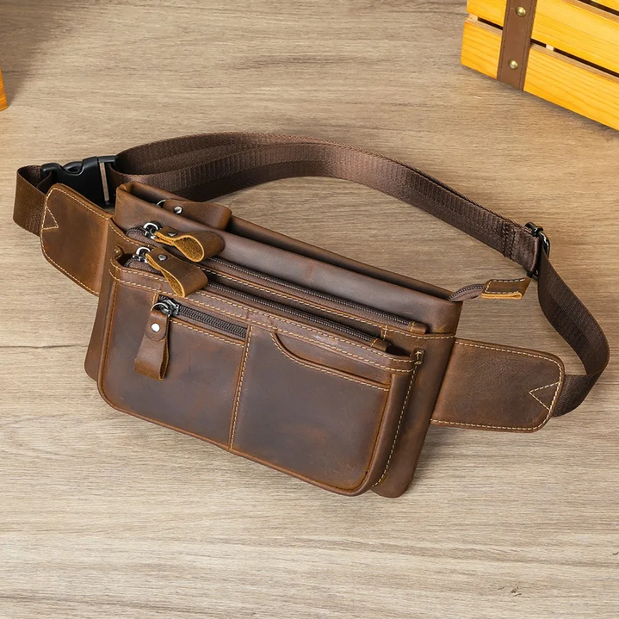 

【New style】- casual fashion genuine leather waist bag men's cow leather backpack men's top layer cow leather chest bag waist ba