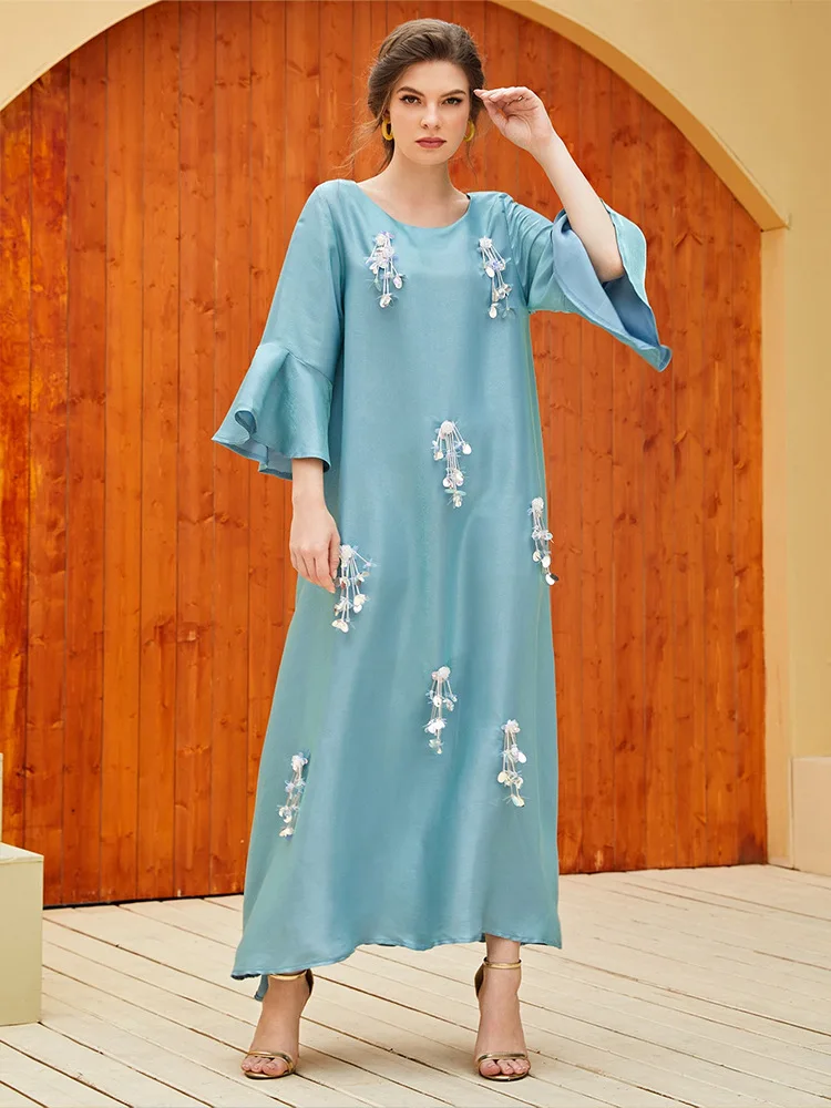 Satin Abayas for Women Muslim Flower Maxi Dress Fashion Dubai Kaftan Turkey Eid Djellaba Islamic Jalabiya Caftan Marocain Femme